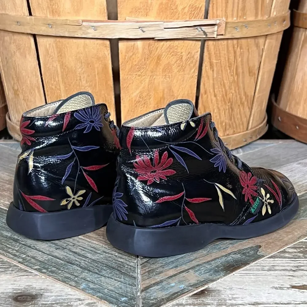 Aster Black Patent Leather Floral Flowers Multicolor Lace-Up Boots Youth EU 29